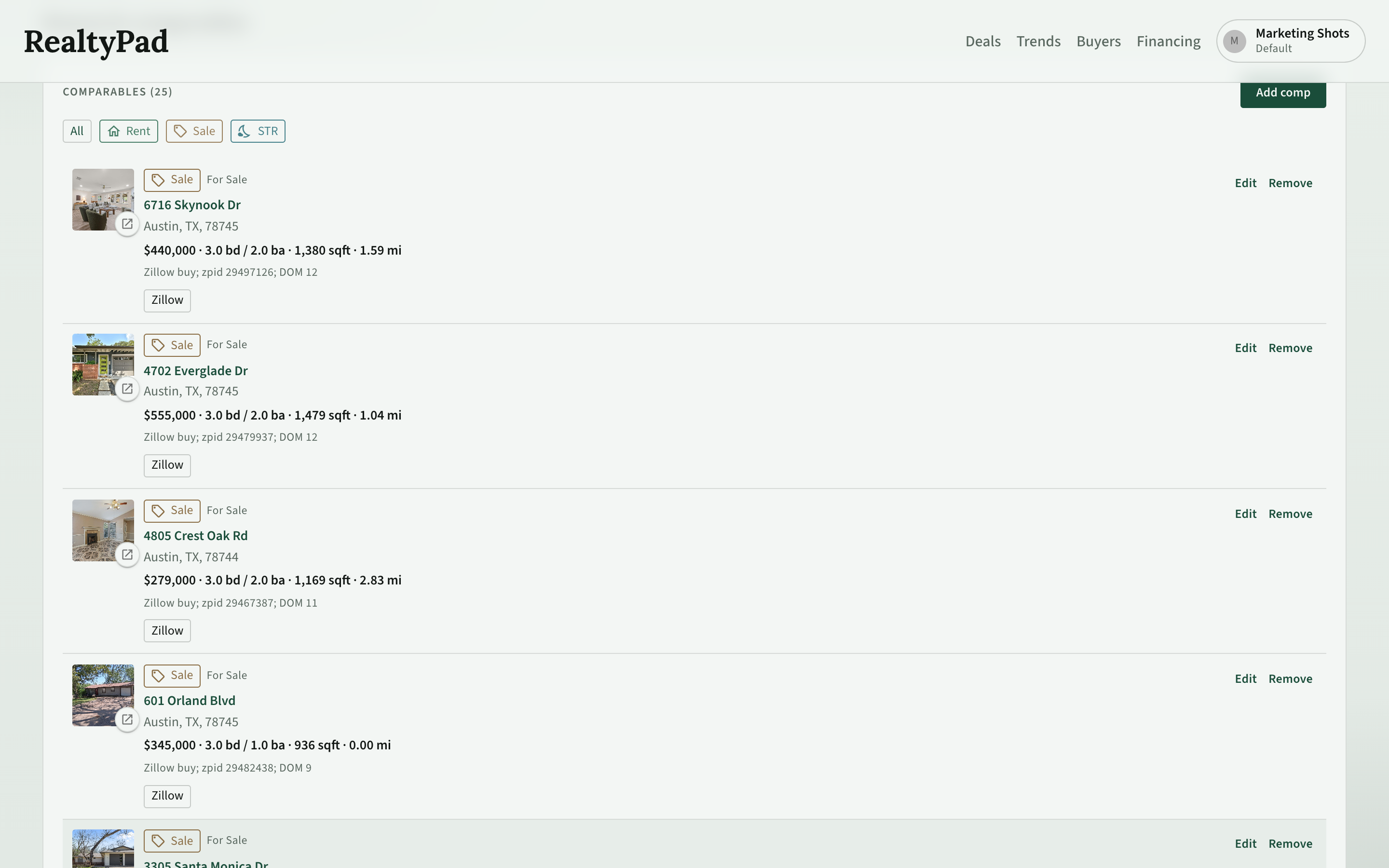 RealtyPad comparables list with sale, rent, and STR filters near 601 Orland Blvd