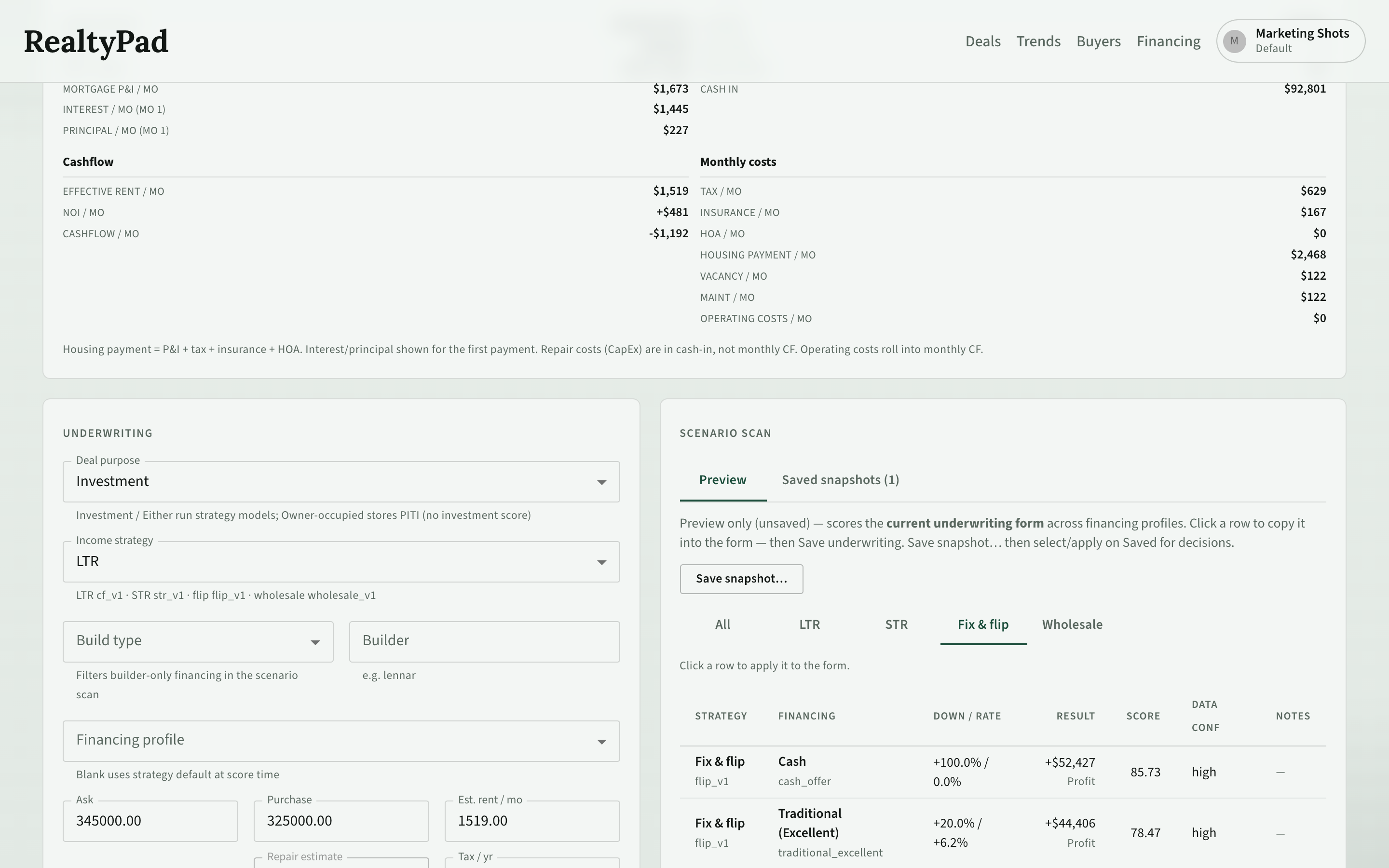RealtyPad scenario scan comparing flip financing profiles